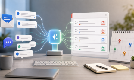 Email and chat follow-ups flowing through AI into organized task cards with calendar due dates.