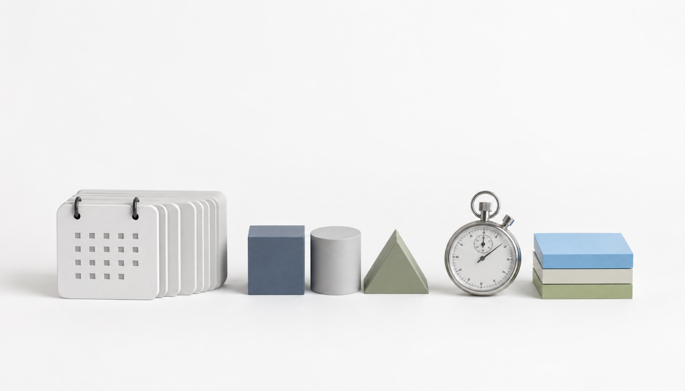 Minimal white-background objects showing calendar tiles, prototype blocks, and a stopwatch for faster internal app delivery.