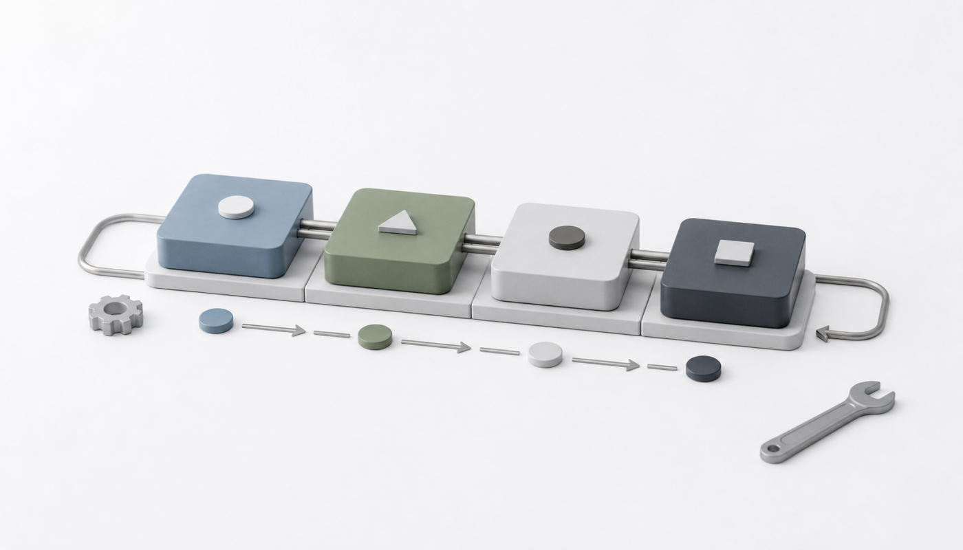 Minimal connected process blocks on a white background, representing an operating model for AI-driven delivery.