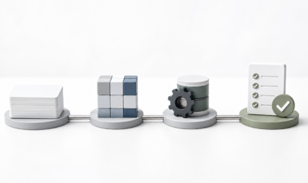 Four minimalist white-background stations showing notes, prototype blocks, database hardening, and go-live readiness.