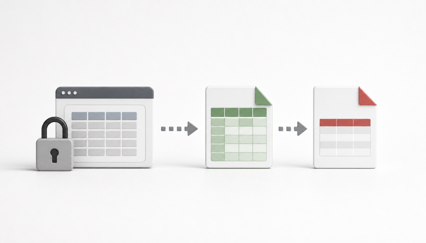 Minimal objects showing an authorized locked web table exported into spreadsheet and PDF formats.
